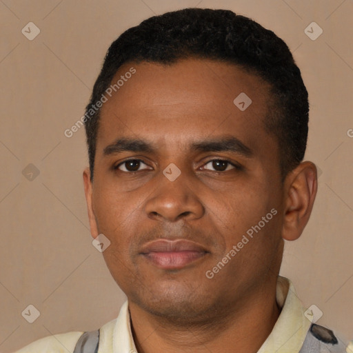 Neutral black young-adult male with short  black hair and brown eyes