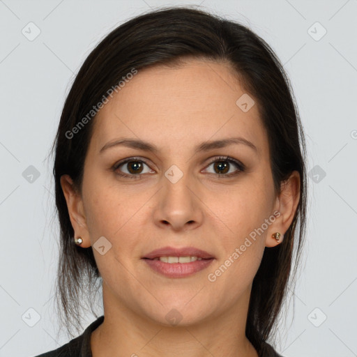 Joyful white young-adult female with medium  brown hair and brown eyes