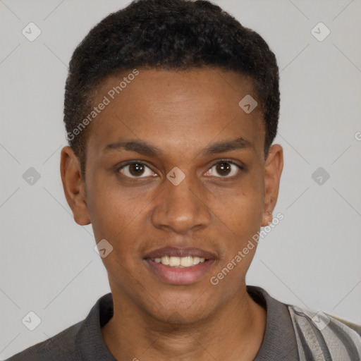 Joyful black young-adult male with short  brown hair and brown eyes