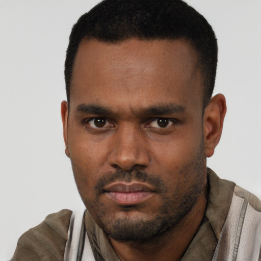 Neutral black young-adult male with short  black hair and brown eyes