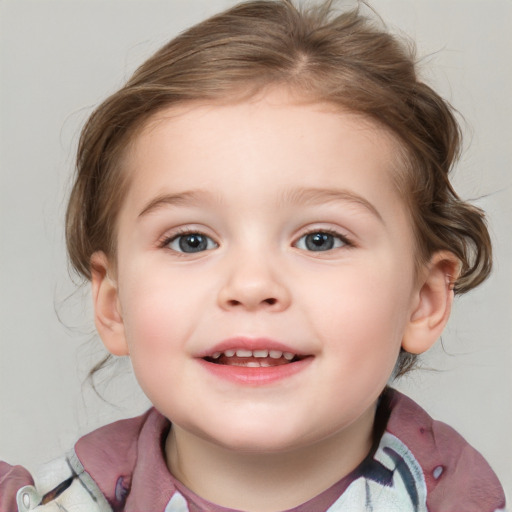 Joyful white child female with medium  brown hair and grey eyes