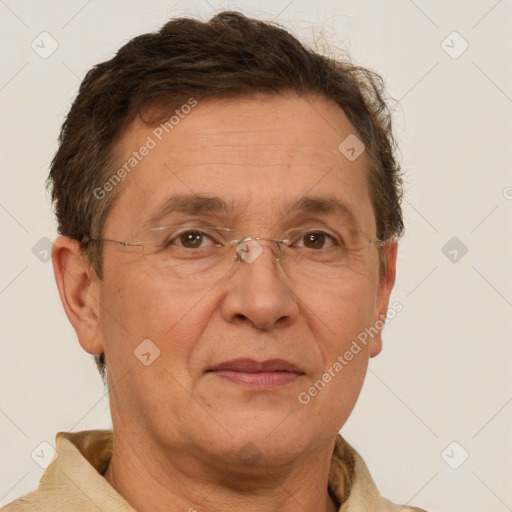 Joyful white middle-aged male with short  brown hair and brown eyes