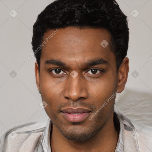 Neutral black young-adult male with short  black hair and brown eyes