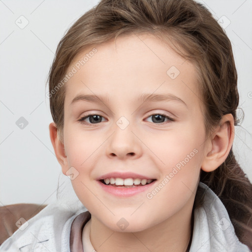 Joyful white child female with medium  brown hair and brown eyes