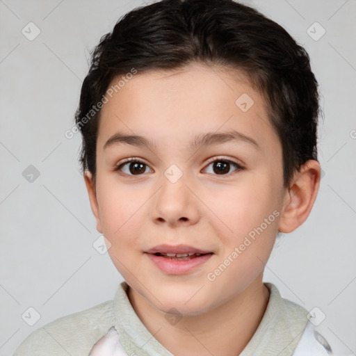 Joyful white child female with short  brown hair and brown eyes