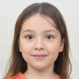 Joyful white child female with medium  brown hair and brown eyes