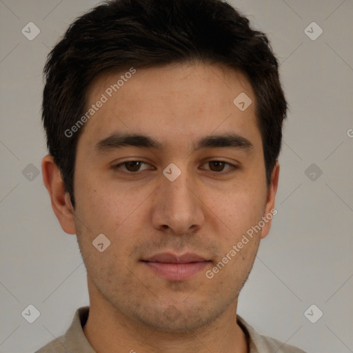 Neutral white young-adult male with short  brown hair and brown eyes