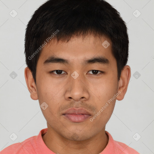 Neutral asian young-adult male with short  brown hair and brown eyes