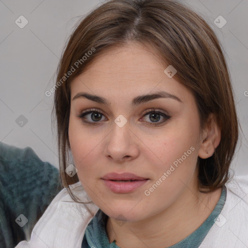 Neutral white young-adult female with medium  brown hair and brown eyes