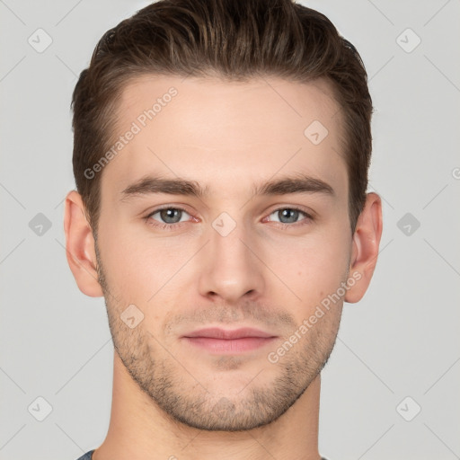 Neutral white young-adult male with short  brown hair and brown eyes