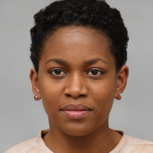Neutral black young-adult female with short  black hair and brown eyes