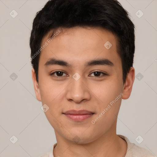 Joyful white young-adult male with short  black hair and brown eyes