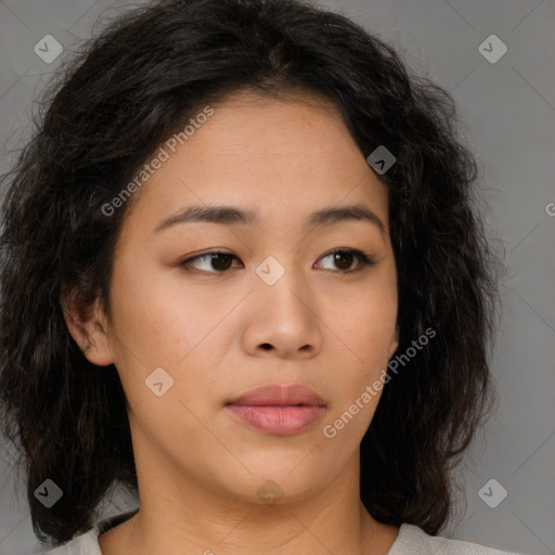 Neutral asian young-adult female with medium  brown hair and brown eyes