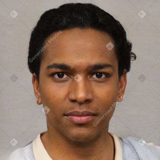 Neutral black young-adult male with short  black hair and brown eyes