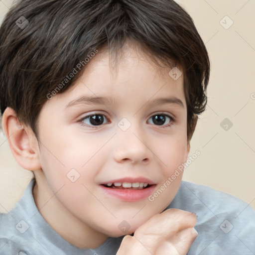 Joyful white child female with short  brown hair and brown eyes