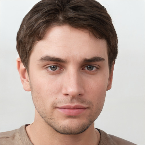 Neutral white young-adult male with short  brown hair and grey eyes