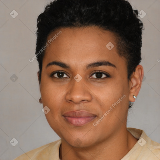 Joyful latino young-adult female with short  black hair and brown eyes