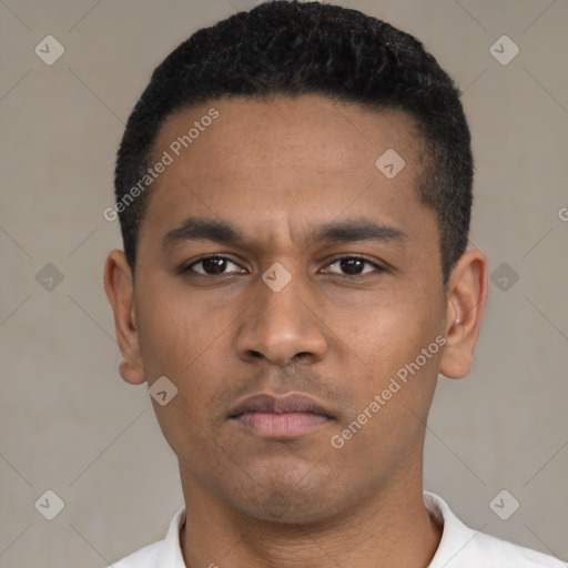 Neutral latino young-adult male with short  black hair and brown eyes