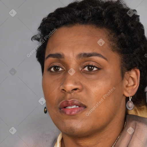 Neutral black young-adult female with short  black hair and brown eyes