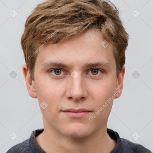 Neutral white young-adult male with short  brown hair and grey eyes