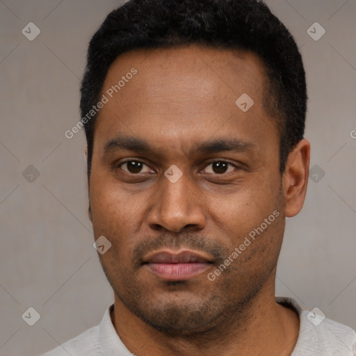 Neutral latino young-adult male with short  black hair and brown eyes