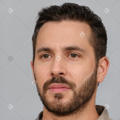 Neutral white young-adult male with short  brown hair and brown eyes