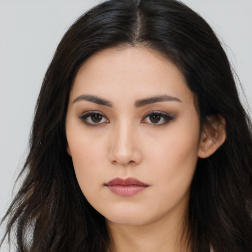 Neutral asian young-adult female with long  black hair and brown eyes