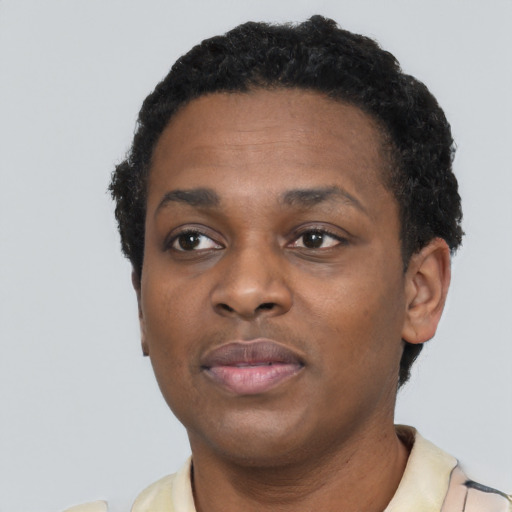 Neutral black young-adult female with short  black hair and brown eyes
