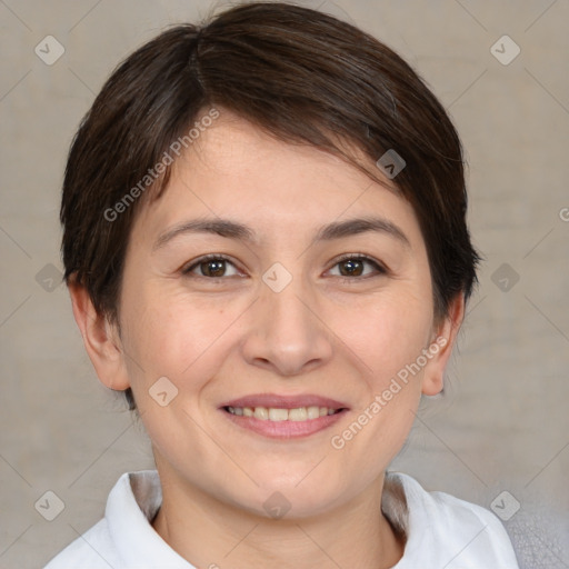 Joyful white young-adult female with medium  brown hair and brown eyes