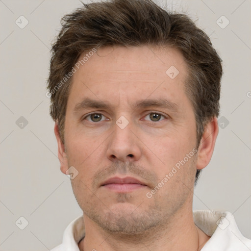 Neutral white adult male with short  brown hair and brown eyes