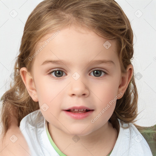 Joyful white child female with medium  brown hair and brown eyes