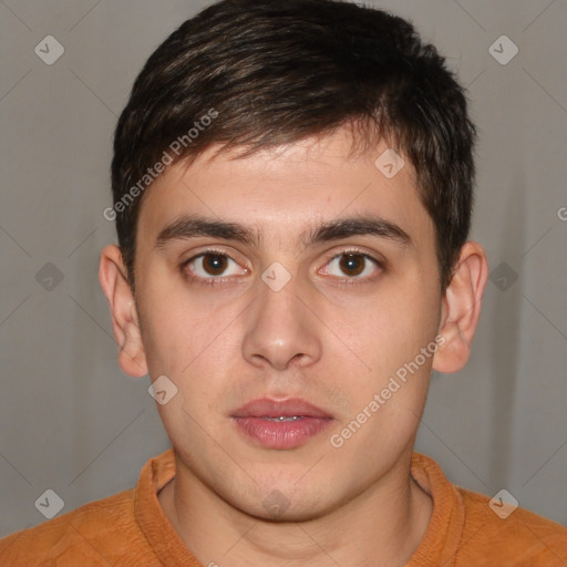 Neutral white young-adult male with short  brown hair and brown eyes