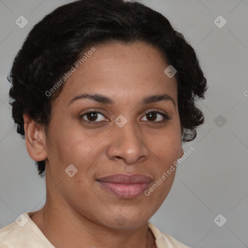 Joyful latino adult female with short  brown hair and brown eyes