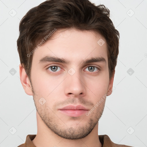 Neutral white young-adult male with short  brown hair and grey eyes