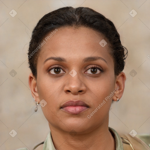 Neutral white young-adult female with short  brown hair and brown eyes