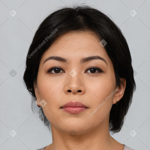 Neutral asian young-adult female with medium  black hair and brown eyes