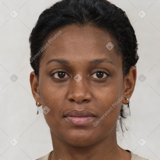 Neutral black young-adult female with short  brown hair and brown eyes