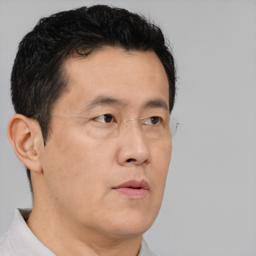 Neutral asian adult male with short  black hair and brown eyes