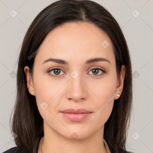 Neutral white young-adult female with long  brown hair and brown eyes