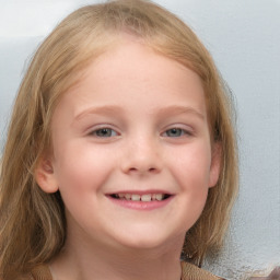 Joyful white child female with medium  brown hair and blue eyes