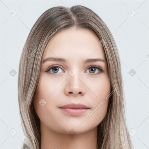 Neutral white young-adult female with long  brown hair and grey eyes