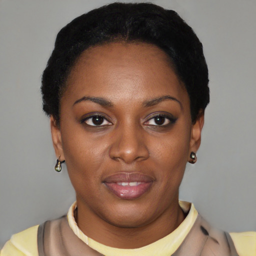 Joyful latino young-adult female with short  black hair and brown eyes