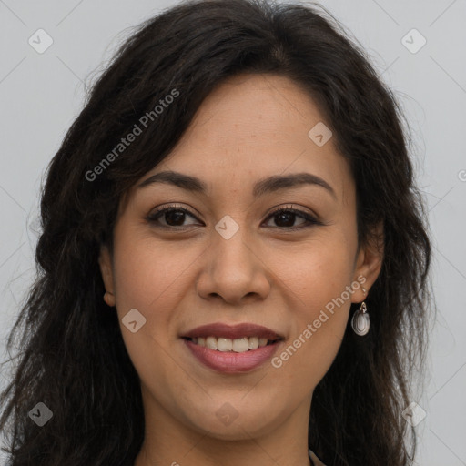 Joyful latino young-adult female with long  brown hair and brown eyes