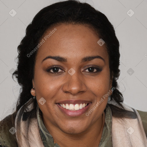 Joyful black young-adult female with long  brown hair and brown eyes