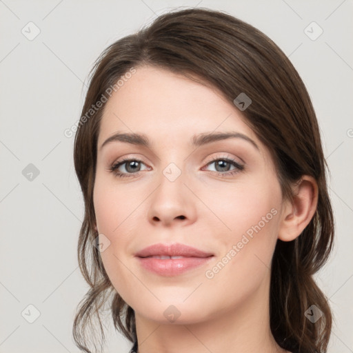 Neutral white young-adult female with medium  brown hair and grey eyes