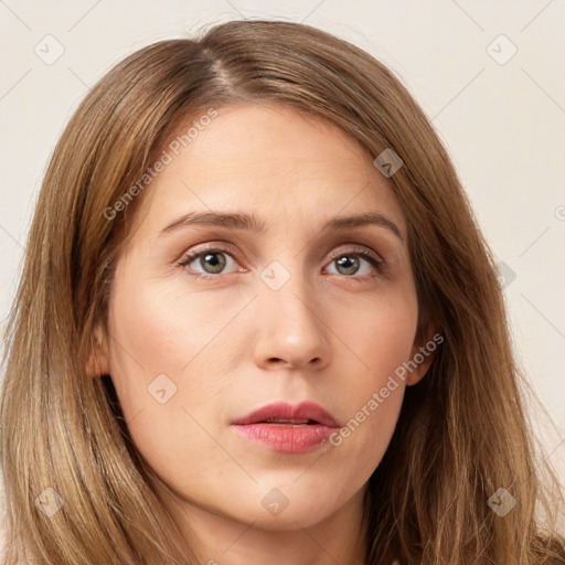 Neutral white young-adult female with long  brown hair and grey eyes