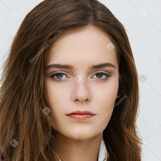 Neutral white young-adult female with long  brown hair and brown eyes