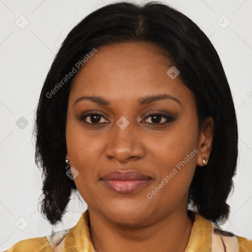 Joyful black young-adult female with medium  black hair and brown eyes