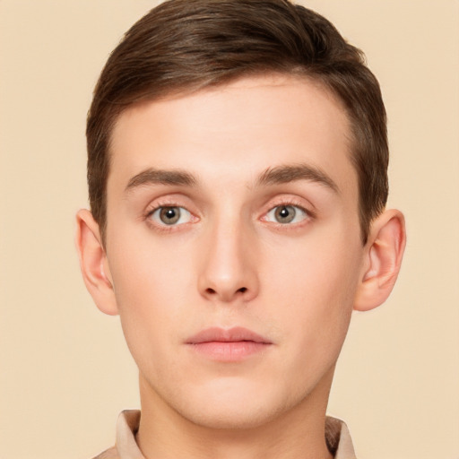 Neutral white young-adult male with short  brown hair and brown eyes