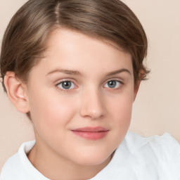 Joyful white child female with short  brown hair and brown eyes